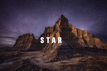 Nightscape over a rocky, desert formation, with "STAR" superimposed