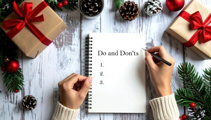 Festive Holiday Planning with a Notepad Surrounded by Christmas Decorations, Gifts, Pinecones, and Greenery for Seasonal Organization