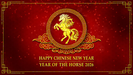 Chinese New Year Year of the Horse horizontal greeting card showing a golden horse zodiac emblem with decorative clouds on a classic red background expressing prosperity and festive tradition.