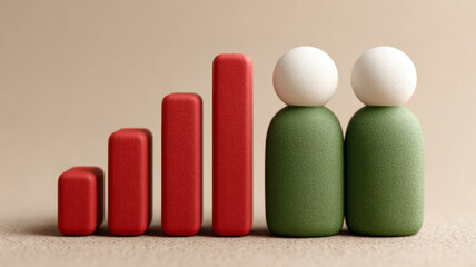3D bar graph and figures on beige background