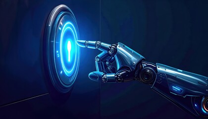 Futuristic Robot Hand Touching Digital Lock Icon in High-Tech Environment for Security and Technology Concepts in Modern Design