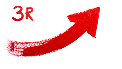 Bold red arrow ascends upwards with "3R" letters in front against black background