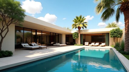 Luxury Modern Villa with Pool and Palm Trees