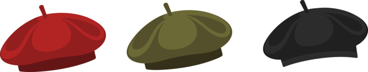 Three colored berets&mdash;red, olive green, and black&mdash;displayed side by side for fashion, military, and cultural vector illustration content.
