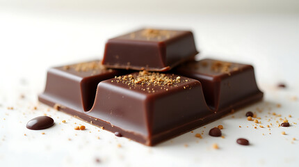 Close up of dark chocolate with nuts, broken pieces of chocolate bar isolated on a white background