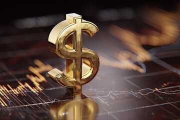 Close-up view of a shiny golden dollar sign resting on a blurred data graph background