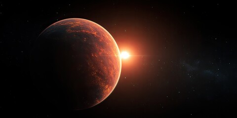 A fiery, rocky planet partially lit by a bright star in a dark, starry expanse