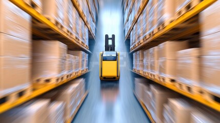 inventory management warehouse Wide angle view of a large warehouse filled with well organized inventory, forklifts in motion, and a clean logistics system in place.