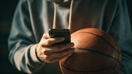 Close-up of a person holding a smartphone and a basketball, partially in view