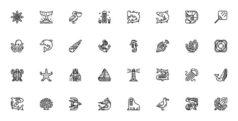 Sea icon set. Vector illustration pack featuring steering wheel, whale, dolphin, shark, octopus, turtle, seahorse, anchor, lighthouse, sailor, mermaid, fish, jellyfish, coral and more. © wang