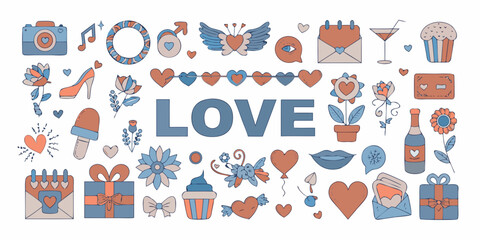 A colorful assortment of romantic symbols including hearts gifts and celebratory items