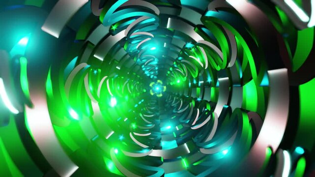 Abstract neon tunnel vortex with rotating rings and glowing green lights