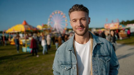 Man at Carnival: A confident man poses against a backdrop of carnival activities, capturing the excitement and allure of the fairgrounds.