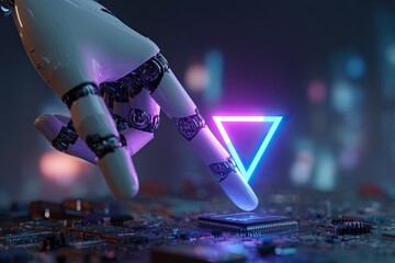 Close-up of robotic hand touching a CPU with neon triangle in background