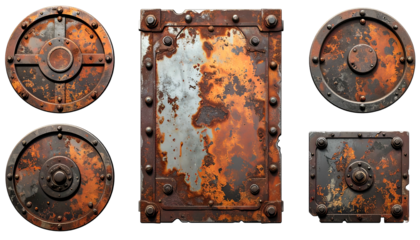 Various rusty metal panels and shields with rivets, showcasing weathered textures