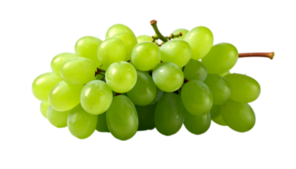 A cluster of fresh, green grapes with brown stems, isolated on a black background