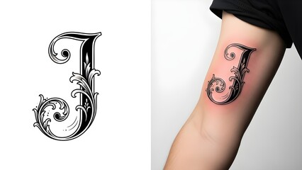 Ornamental Letter J Tattoo Design with Detailed Baroque Flourishes and Elegant Black Ink
