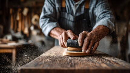 Skilled craftsman sanding wood, creating fine dust in a workshop, showcasing the craft