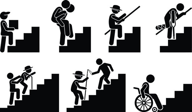 People climbing stairs with different challenges and assistance