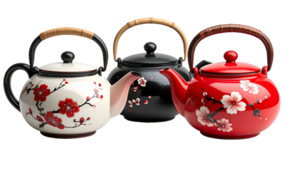 Three colorful teapots with floral designs and bamboo handles on a black background