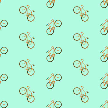 Seamless Bicycle Pattern Vector Illustration with Orange Bikes on Mint Background