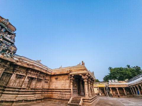 Traditional Hindu temple mandapam built with carved stone in Thiruvathavur, Madurai, Tamil Nadu, showcasing cultural legacy