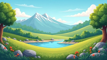 Serene Mountain Landscape with Lake and Wildflowers