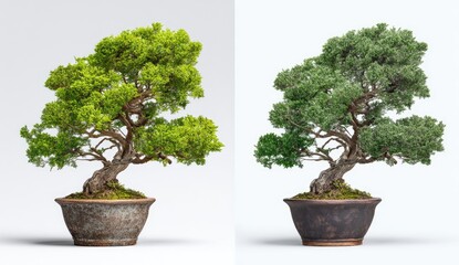 Two bonsai trees, vibrant green then darker green, in ornate pots, white background