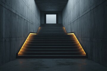 Concrete tunnel with illuminated staircase leading to bright square doorway