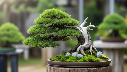 Dramatic coniferous bonsai art piece with sweeping green branches and weathered white bark textures atop a mossy stone base
