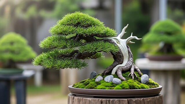 Dramatic coniferous bonsai art piece with sweeping green branches and weathered white bark textures atop a mossy stone base - Powered by Adobe