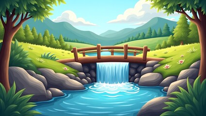 Peaceful Nature Landscape with Wooden Bridge and Waterfall