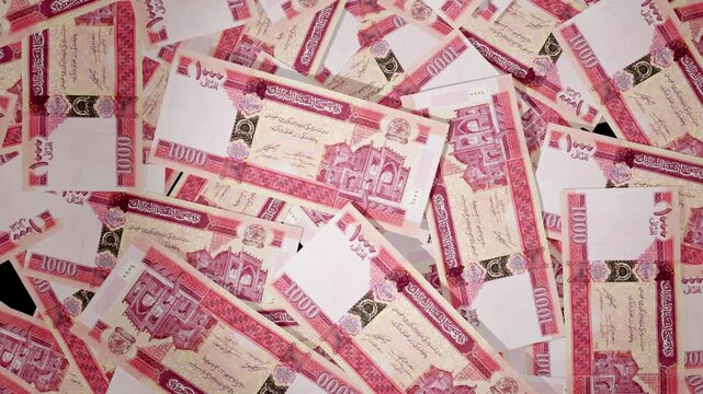 Top View 3D Animation of Scattered Afghan Afghani Banknotes on Floor, Rotating and Zooming Camera, Realistic Paper Money Cash Motion, Financial Economy Concept, 4K UHD Stock Video