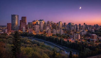 Obraz premium Panoramic cityscape at dusk, river flows through foreground, crescent moon