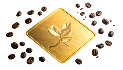 Golden square with leaf design, surrounded by scattered roasted coffee beans against black