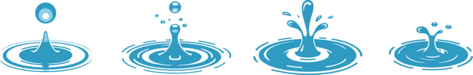 Stylized water droplet splash sequence illustrating fluid motion and ripple effects for physics, nature, and artistic vector illustration content.