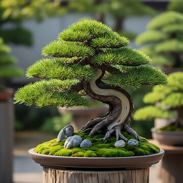 Elegant Japanese bonsai tree with dramatic shari trunk detailing and lush mossy base displayed in a peaceful outdoor setting.