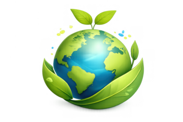 Earth globe resting on and surrounded by green leaves, with new sprouts emerging, representing a global commitment to ecological sustainability