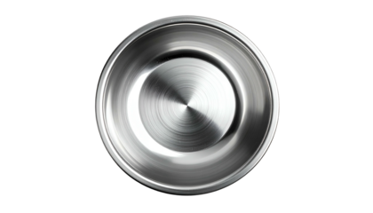 Shiny metallic bowl, centered on black background with radial brushed texture