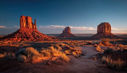Naklejka premium Majestic sandstone buttes rise from a desert landscape under a clear, blue sky