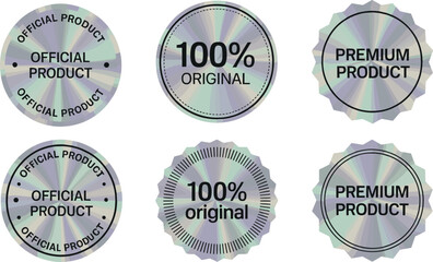 Holographic official product and premium quality badge illustration set featuring shiny rainbow foil seals, authenticity labels, and modern branding stickers for packaging and marketing design.