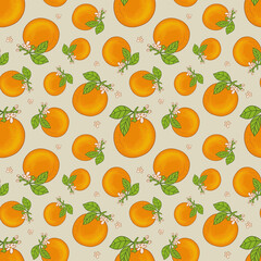 Seamless pattern with oranges, green leaves and small blossoms. Repeating background with citrus theme.  Suitable for wrapping paper, fabric, textile, stationery, packaging.