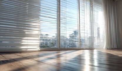 Fototapeta premium Light streams through blinds, illuminating wooden floor, cityscape in background