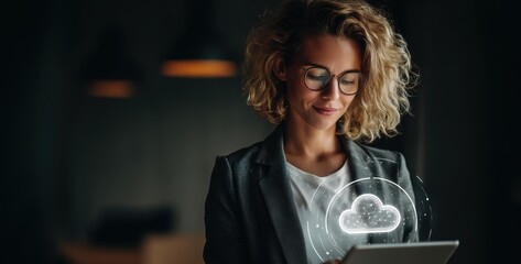 Businesswoman using tablet with glowing cloud icon, representing digital transformation and data management