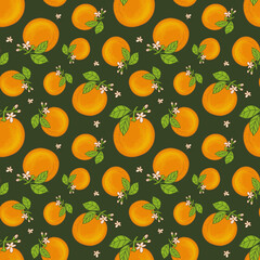 Seamless pattern with oranges, green leaves and small blossoms. Repeating background with citrus theme.  Suitable for wrapping paper, fabric, textile, stationery, packaging.