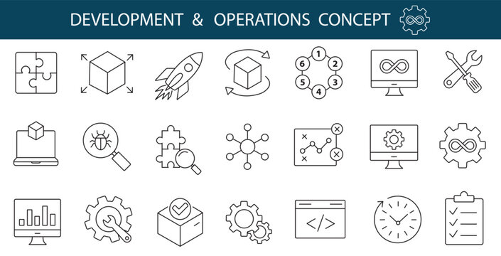 Devops development and operations concept outline icons set