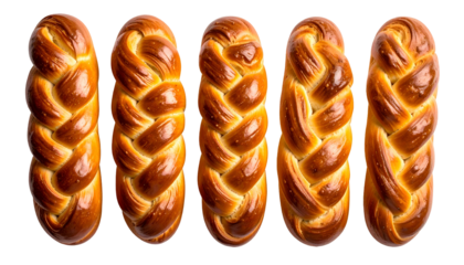 Five golden, braided loaves of bread, arranged in a row against a black background