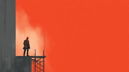 Construction worker in hard hat standing on scaffolding against a vibrant orange sky