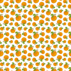 Seamless pattern with oranges, green leaves and small blossoms. Repeating background with citrus theme.  Suitable for wrapping paper, fabric, textile, stationery, packaging.