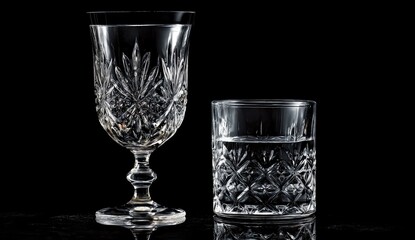 Two clear, cut-crystal glasses on a stark black background, both filled with liquid
